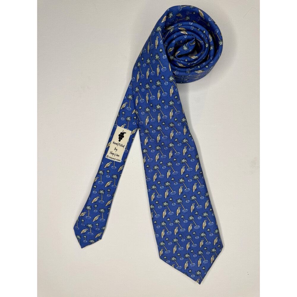 Vineyard Vines Boys Silk Tie Blue Tropical Parrot Palm Tree Kids Youth 50"